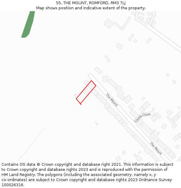 55, THE MOUNT, ROMFORD, RM3 7LJ: Location map and indicative extent of plot