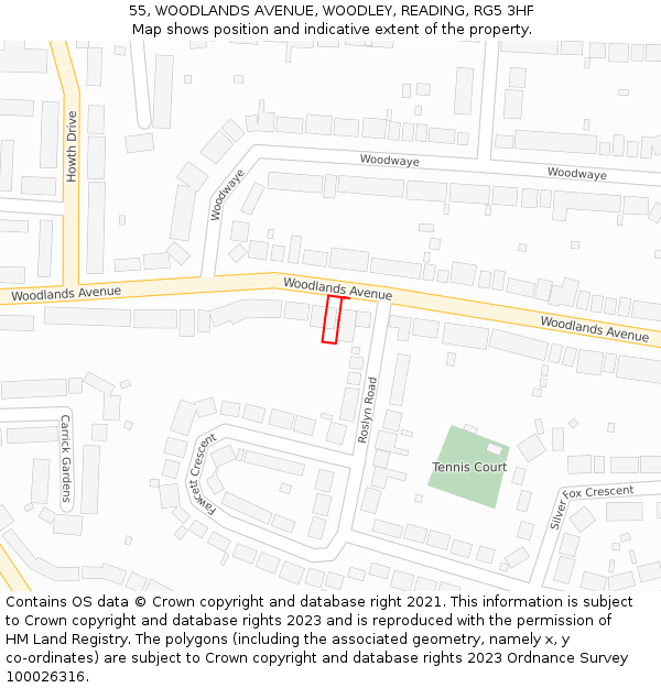 55, WOODLANDS AVENUE, WOODLEY, READING, RG5 3HF: Location map and indicative extent of plot