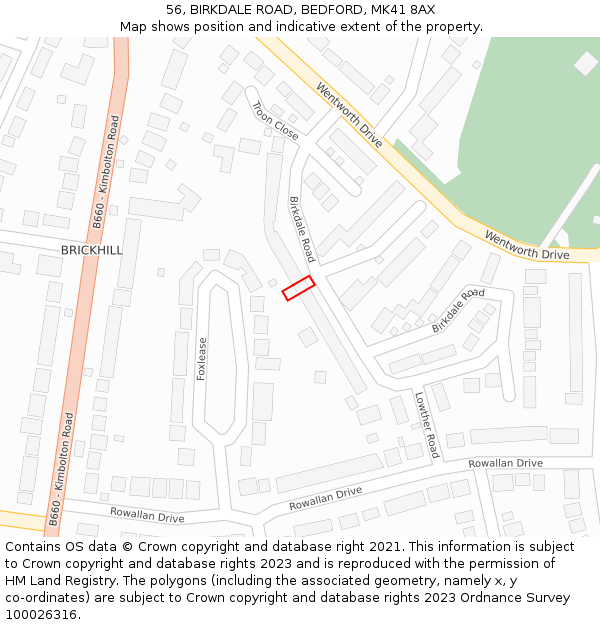 56, BIRKDALE ROAD, BEDFORD, MK41 8AX: Location map and indicative extent of plot