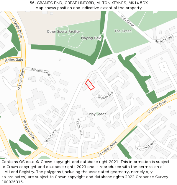 56, GRANES END, GREAT LINFORD, MILTON KEYNES, MK14 5DX: Location map and indicative extent of plot