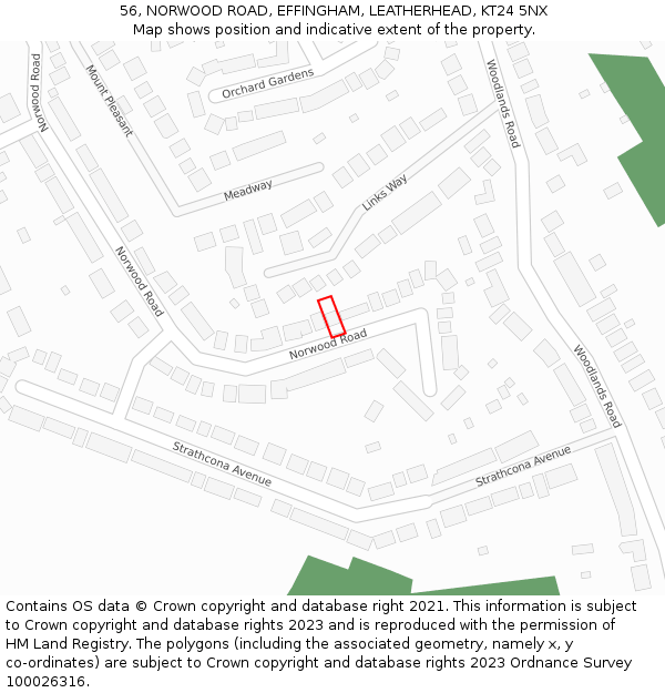 56, NORWOOD ROAD, EFFINGHAM, LEATHERHEAD, KT24 5NX: Location map and indicative extent of plot