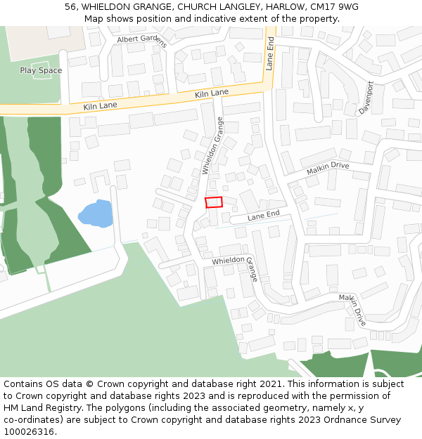 56, WHIELDON GRANGE, CHURCH LANGLEY, HARLOW, CM17 9WG: Location map and indicative extent of plot