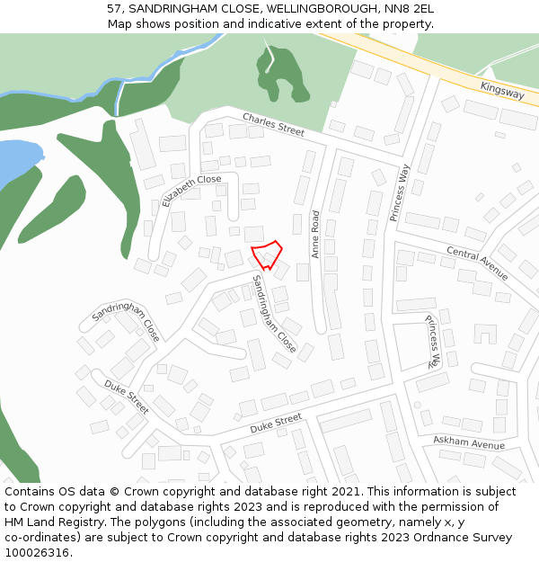 57, SANDRINGHAM CLOSE, WELLINGBOROUGH, NN8 2EL: Location map and indicative extent of plot