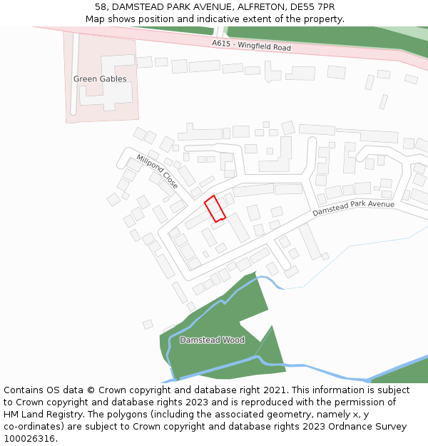 58, DAMSTEAD PARK AVENUE, ALFRETON, DE55 7PR: Location map and indicative extent of plot