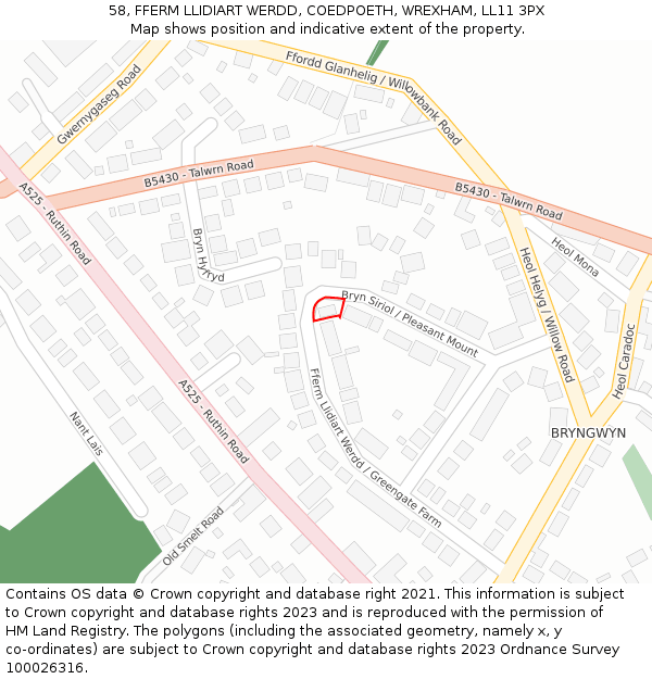 58, FFERM LLIDIART WERDD, COEDPOETH, WREXHAM, LL11 3PX: Location map and indicative extent of plot