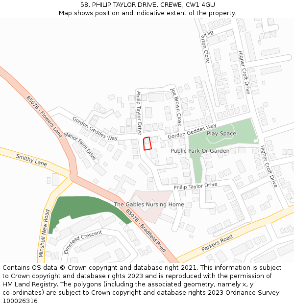 58, PHILIP TAYLOR DRIVE, CREWE, CW1 4GU: Location map and indicative extent of plot