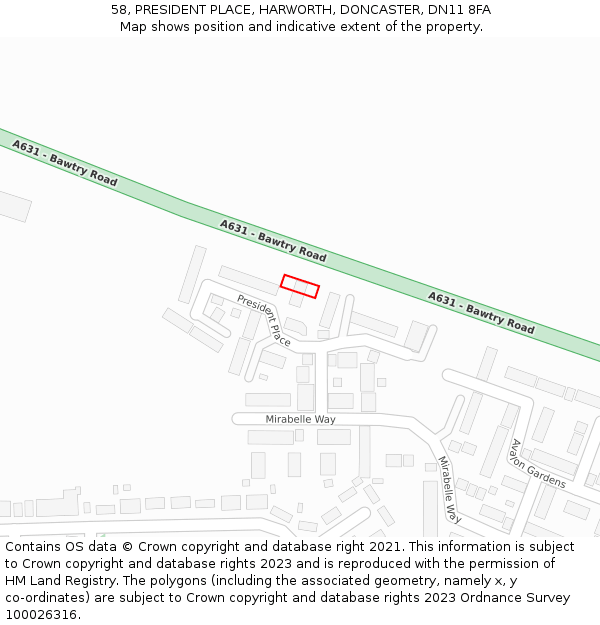 58, PRESIDENT PLACE, HARWORTH, DONCASTER, DN11 8FA: Location map and indicative extent of plot