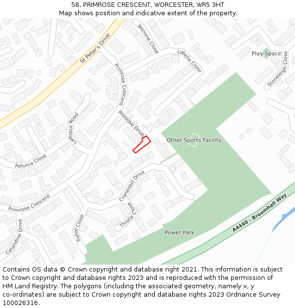 58, PRIMROSE CRESCENT, WORCESTER, WR5 3HT: Location map and indicative extent of plot