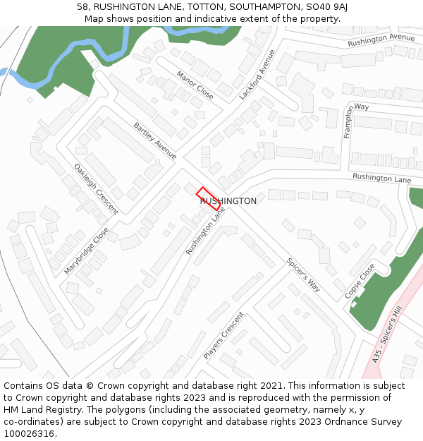 58, RUSHINGTON LANE, TOTTON, SOUTHAMPTON, SO40 9AJ: Location map and indicative extent of plot