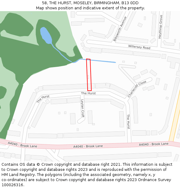 58, THE HURST, MOSELEY, BIRMINGHAM, B13 0DD: Location map and indicative extent of plot