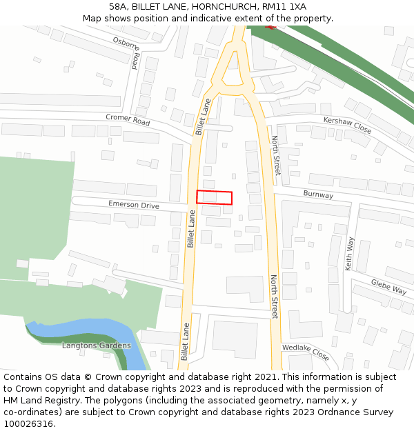 58A, BILLET LANE, HORNCHURCH, RM11 1XA: Location map and indicative extent of plot