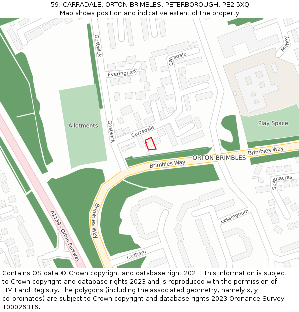 59, CARRADALE, ORTON BRIMBLES, PETERBOROUGH, PE2 5XQ: Location map and indicative extent of plot