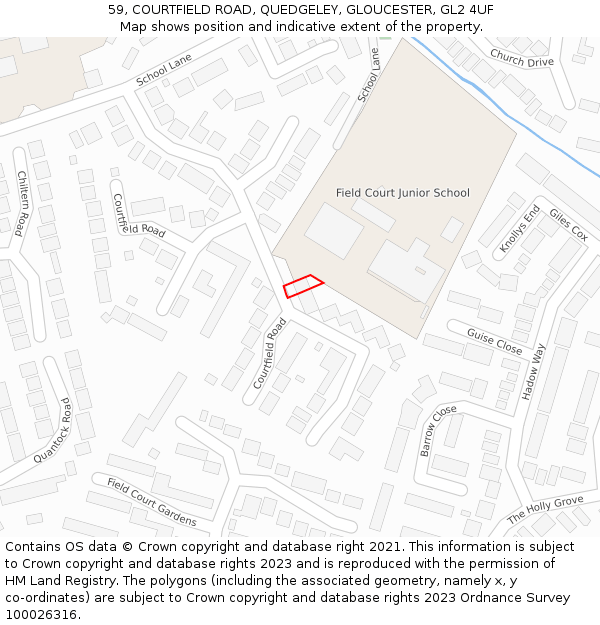 59, COURTFIELD ROAD, QUEDGELEY, GLOUCESTER, GL2 4UF: Location map and indicative extent of plot