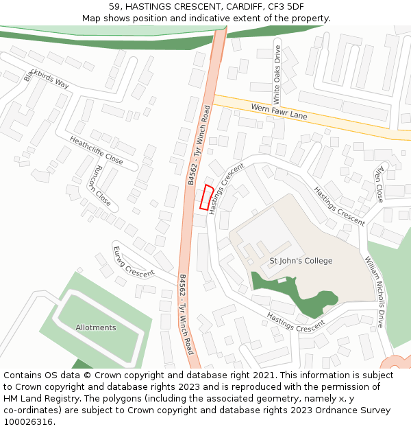 59, HASTINGS CRESCENT, CARDIFF, CF3 5DF: Location map and indicative extent of plot