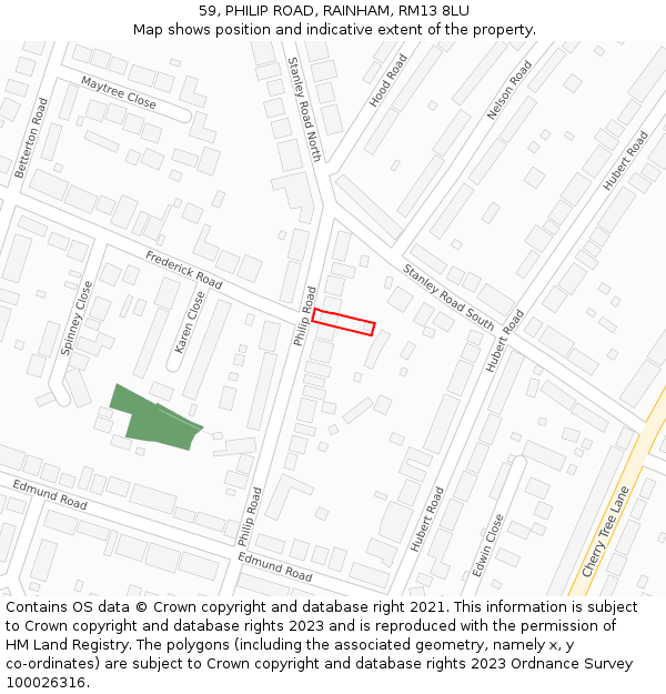 59, PHILIP ROAD, RAINHAM, RM13 8LU: Location map and indicative extent of plot