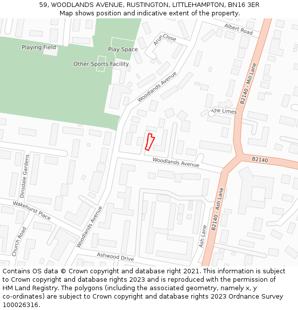 59, WOODLANDS AVENUE, RUSTINGTON, LITTLEHAMPTON, BN16 3ER: Location map and indicative extent of plot