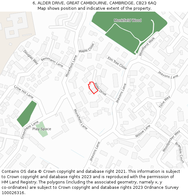 6, ALDER DRIVE, GREAT CAMBOURNE, CAMBRIDGE, CB23 6AQ: Location map and indicative extent of plot