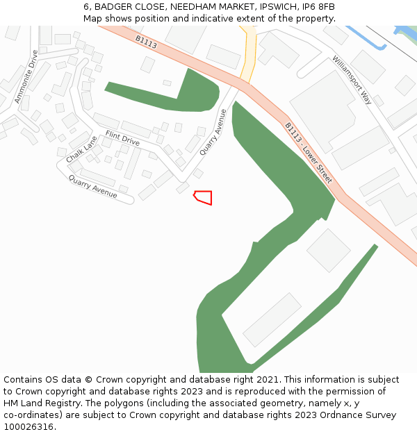 6, BADGER CLOSE, NEEDHAM MARKET, IPSWICH, IP6 8FB: Location map and indicative extent of plot