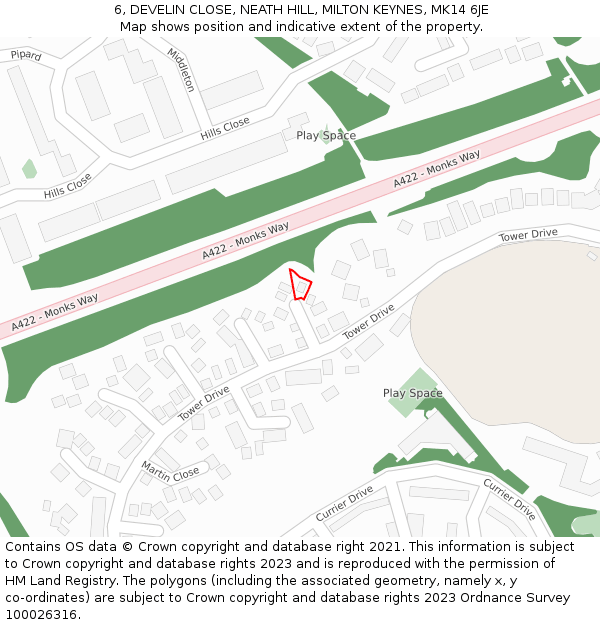 6, DEVELIN CLOSE, NEATH HILL, MILTON KEYNES, MK14 6JE: Location map and indicative extent of plot