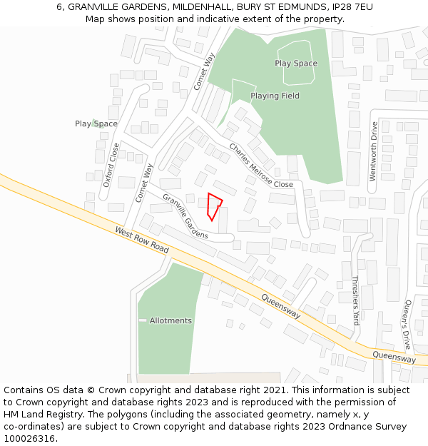 6, GRANVILLE GARDENS, MILDENHALL, BURY ST EDMUNDS, IP28 7EU: Location map and indicative extent of plot