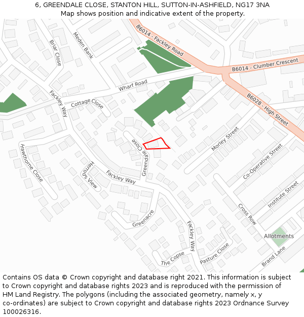 6, GREENDALE CLOSE, STANTON HILL, SUTTON-IN-ASHFIELD, NG17 3NA: Location map and indicative extent of plot