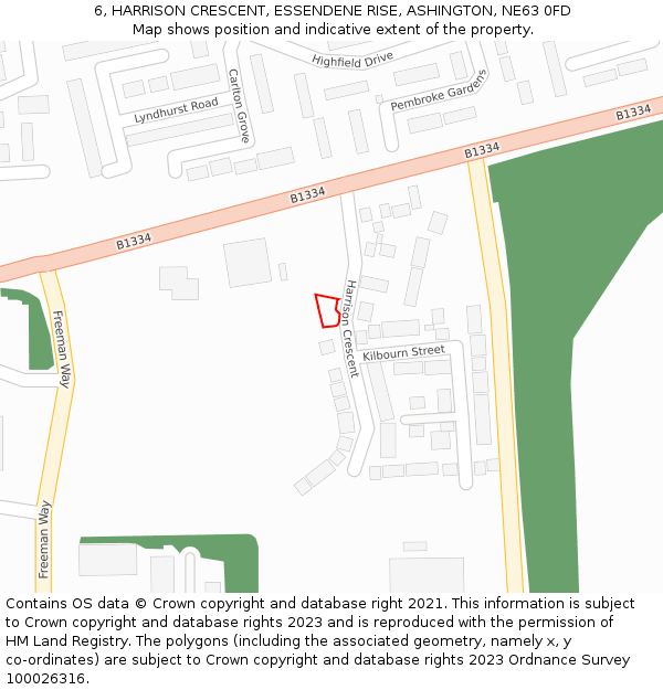 6, HARRISON CRESCENT, ESSENDENE RISE, ASHINGTON, NE63 0FD: Location map and indicative extent of plot