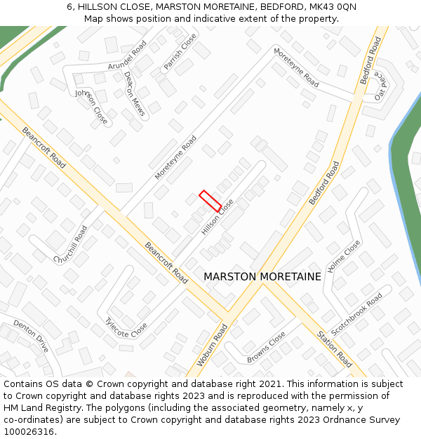 6, HILLSON CLOSE, MARSTON MORETAINE, BEDFORD, MK43 0QN: Location map and indicative extent of plot