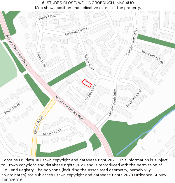 6, STUBBS CLOSE, WELLINGBOROUGH, NN8 4UQ: Location map and indicative extent of plot