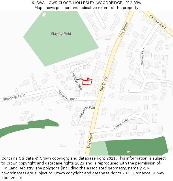 6, SWALLOWS CLOSE, HOLLESLEY, WOODBRIDGE, IP12 3RW: Location map and indicative extent of plot