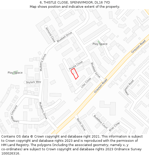 6, THISTLE CLOSE, SPENNYMOOR, DL16 7YD: Location map and indicative extent of plot