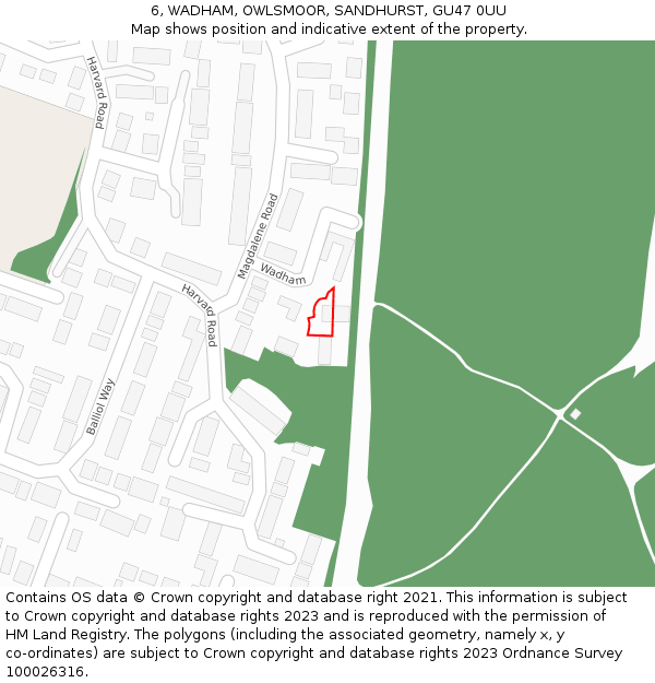 6, WADHAM, OWLSMOOR, SANDHURST, GU47 0UU: Location map and indicative extent of plot