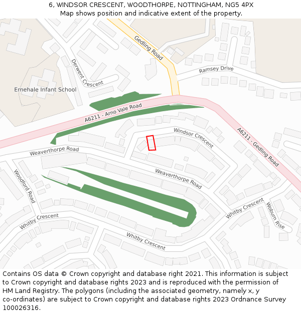 6, WINDSOR CRESCENT, WOODTHORPE, NOTTINGHAM, NG5 4PX: Location map and indicative extent of plot