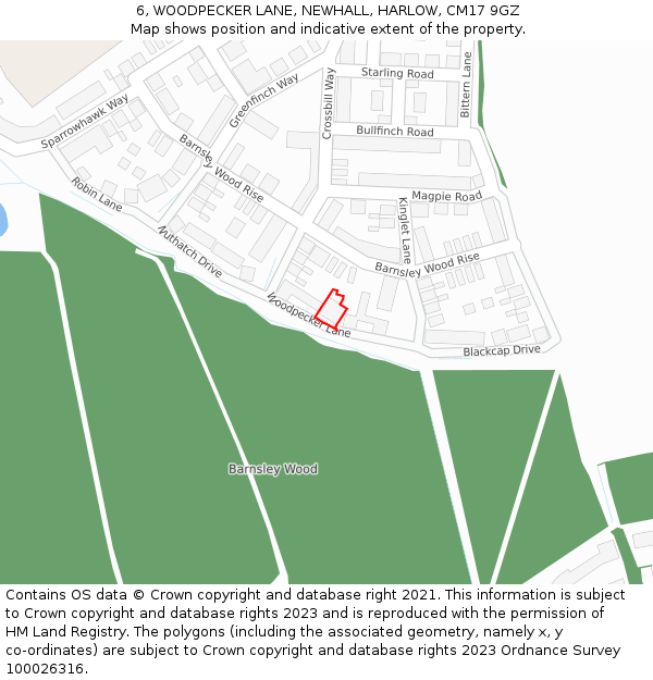 6, WOODPECKER LANE, NEWHALL, HARLOW, CM17 9GZ: Location map and indicative extent of plot