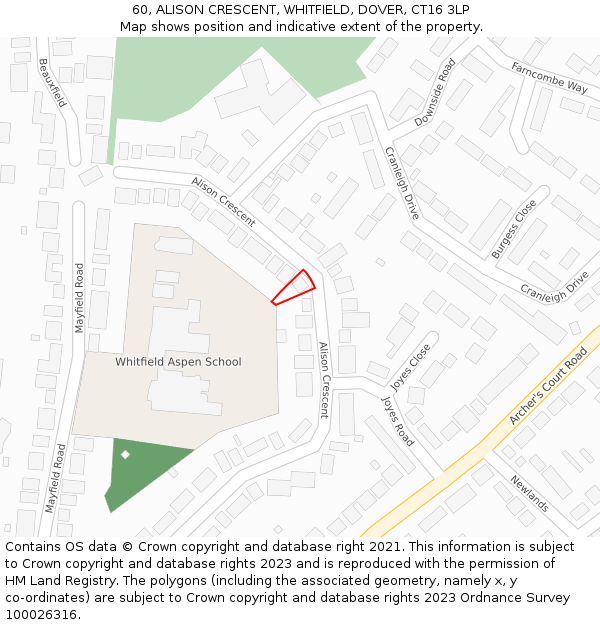 60, ALISON CRESCENT, WHITFIELD, DOVER, CT16 3LP: Location map and indicative extent of plot