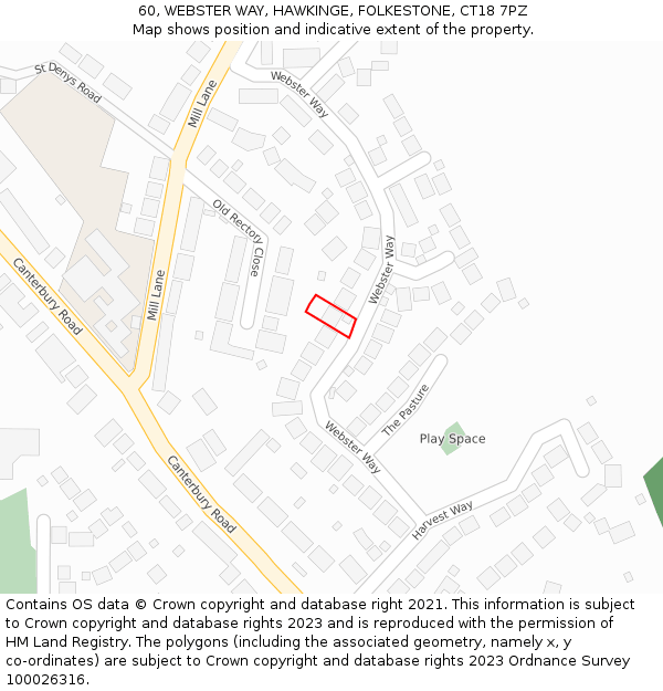 60, WEBSTER WAY, HAWKINGE, FOLKESTONE, CT18 7PZ: Location map and indicative extent of plot