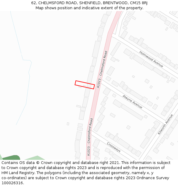 62, CHELMSFORD ROAD, SHENFIELD, BRENTWOOD, CM15 8RJ: Location map and indicative extent of plot