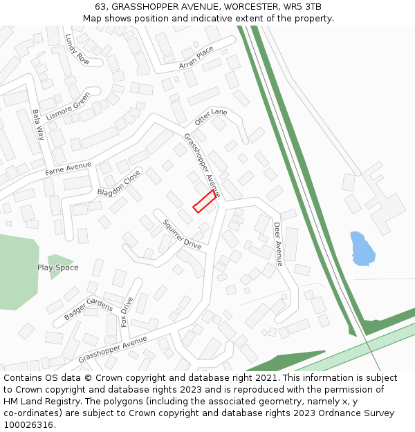 63, GRASSHOPPER AVENUE, WORCESTER, WR5 3TB: Location map and indicative extent of plot