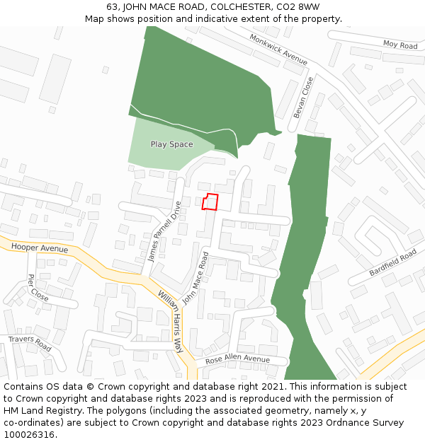 63, JOHN MACE ROAD, COLCHESTER, CO2 8WW: Location map and indicative extent of plot