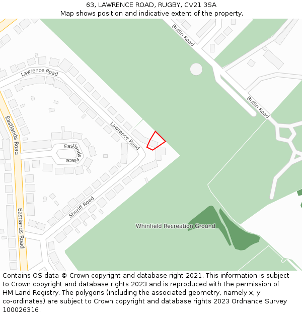 63, LAWRENCE ROAD, RUGBY, CV21 3SA: Location map and indicative extent of plot