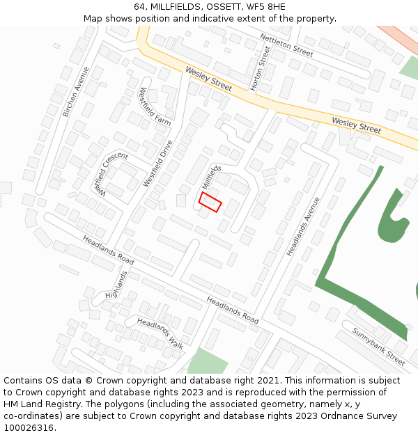 64, MILLFIELDS, OSSETT, WF5 8HE: Location map and indicative extent of plot