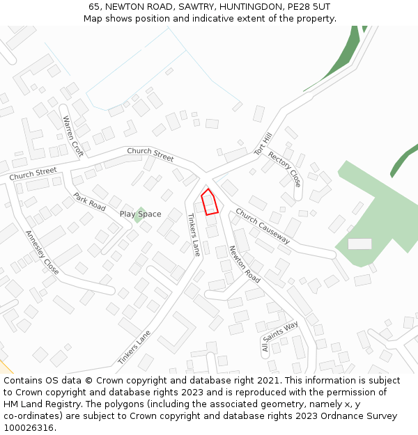 65, NEWTON ROAD, SAWTRY, HUNTINGDON, PE28 5UT: Location map and indicative extent of plot