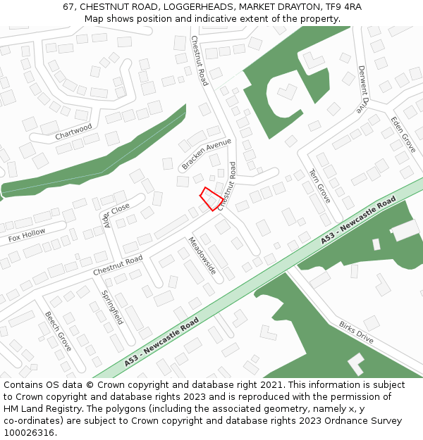 67, CHESTNUT ROAD, LOGGERHEADS, MARKET DRAYTON, TF9 4RA: Location map and indicative extent of plot