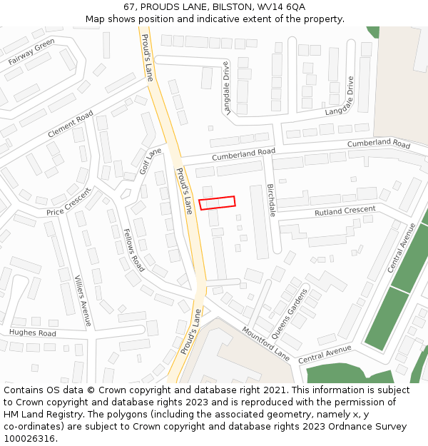 67, PROUDS LANE, BILSTON, WV14 6QA: Location map and indicative extent of plot