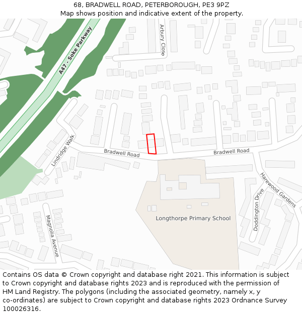 68, BRADWELL ROAD, PETERBOROUGH, PE3 9PZ: Location map and indicative extent of plot