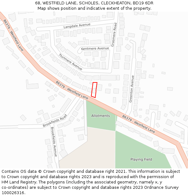 68, WESTFIELD LANE, SCHOLES, CLECKHEATON, BD19 6DR: Location map and indicative extent of plot