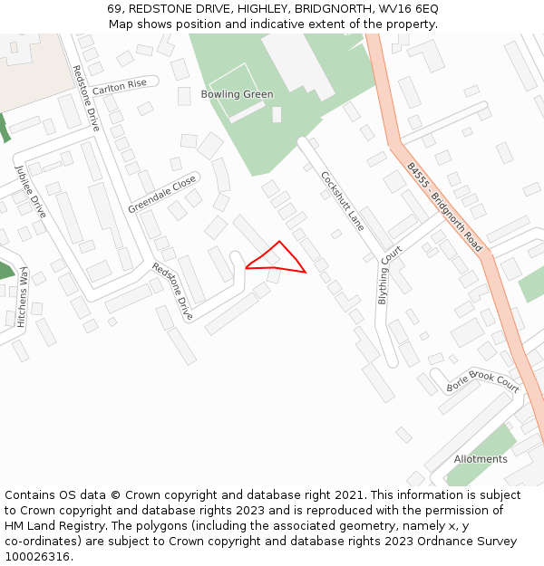 69, REDSTONE DRIVE, HIGHLEY, BRIDGNORTH, WV16 6EQ: Location map and indicative extent of plot