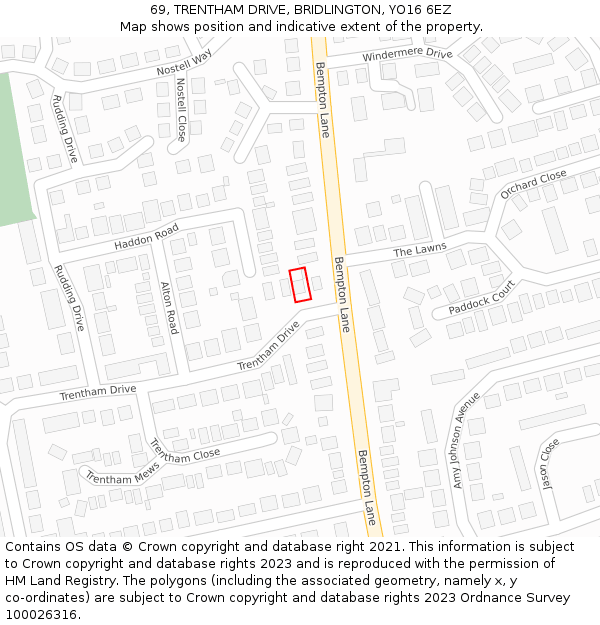 69, TRENTHAM DRIVE, BRIDLINGTON, YO16 6EZ: Location map and indicative extent of plot