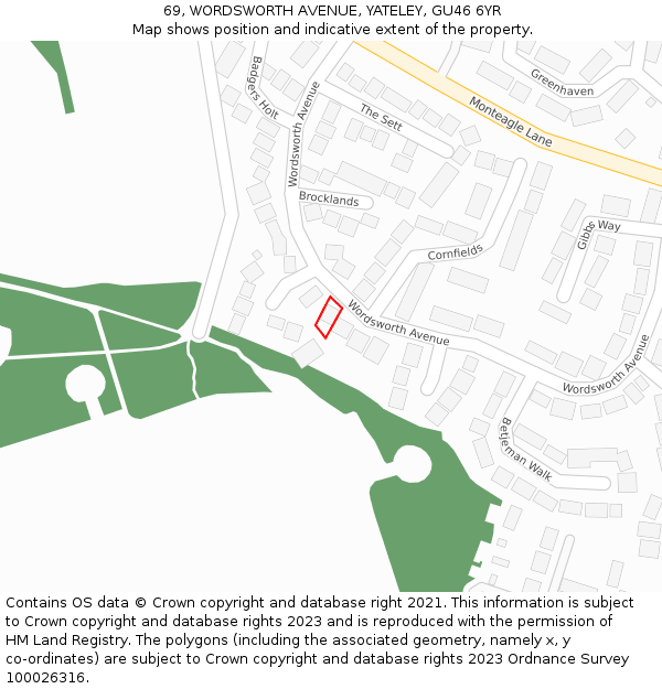 69, WORDSWORTH AVENUE, YATELEY, GU46 6YR: Location map and indicative extent of plot