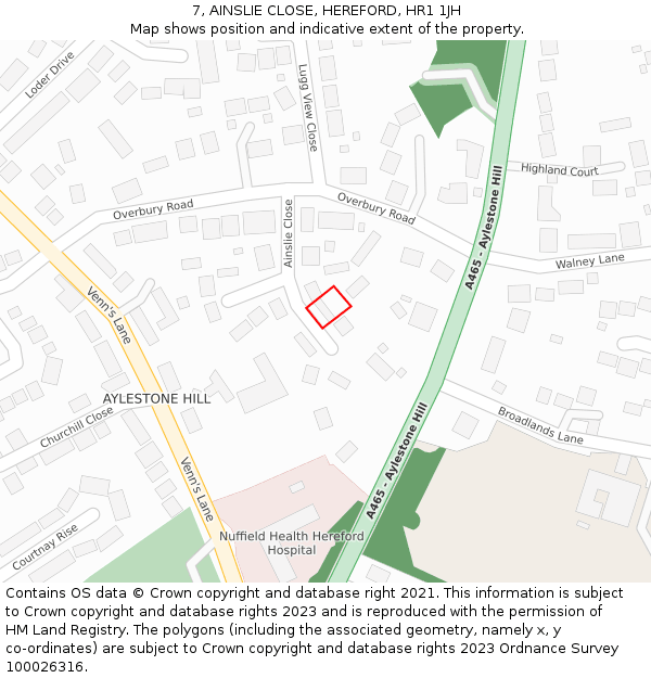 7, AINSLIE CLOSE, HEREFORD, HR1 1JH: Location map and indicative extent of plot