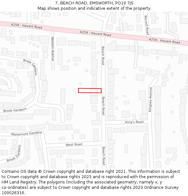 7, BEACH ROAD, EMSWORTH, PO10 7JS: Location map and indicative extent of plot